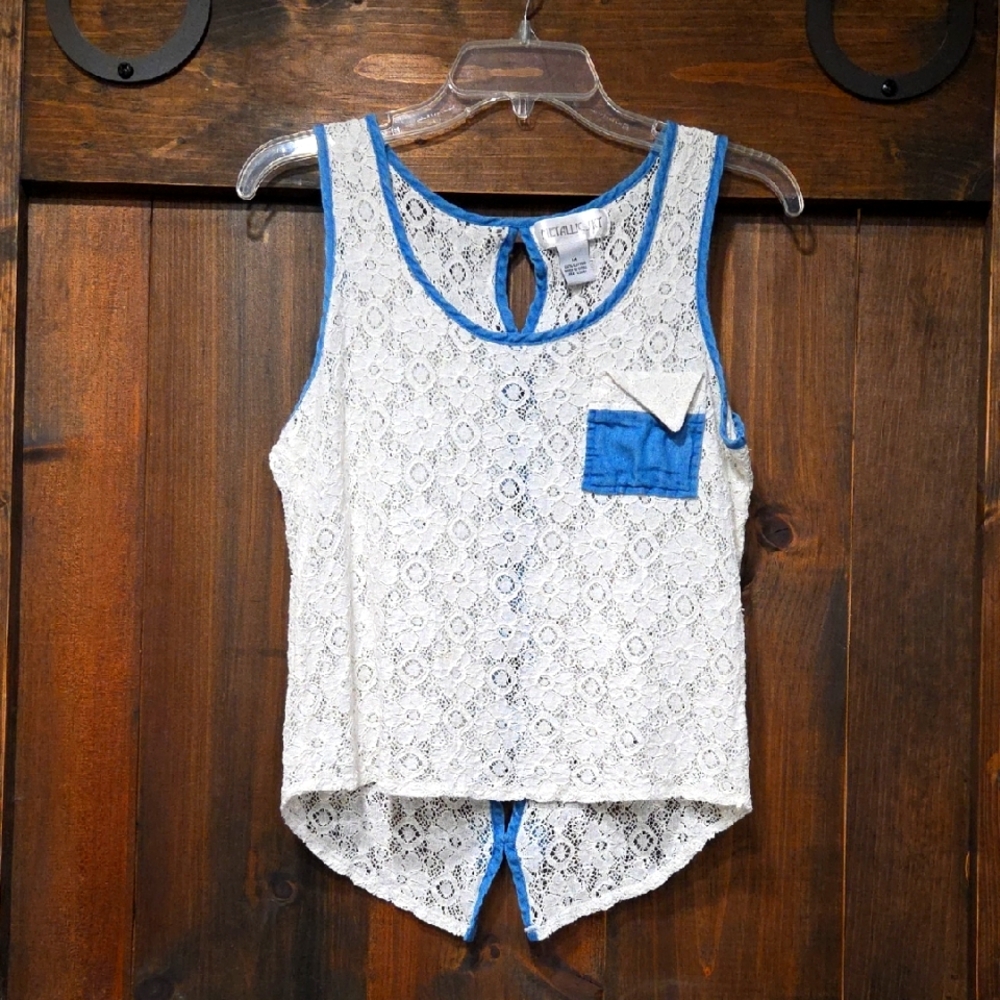 Metallic Sky Lace Tank Top with Blue Highlights